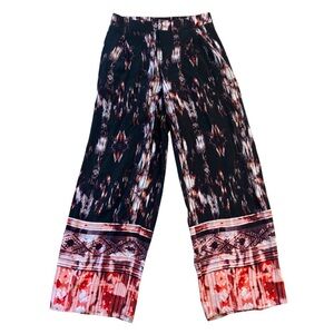 Cynthia Rowley 100% Silk Wide Leg Abstract Print Pants Pleated Pockets Black 2